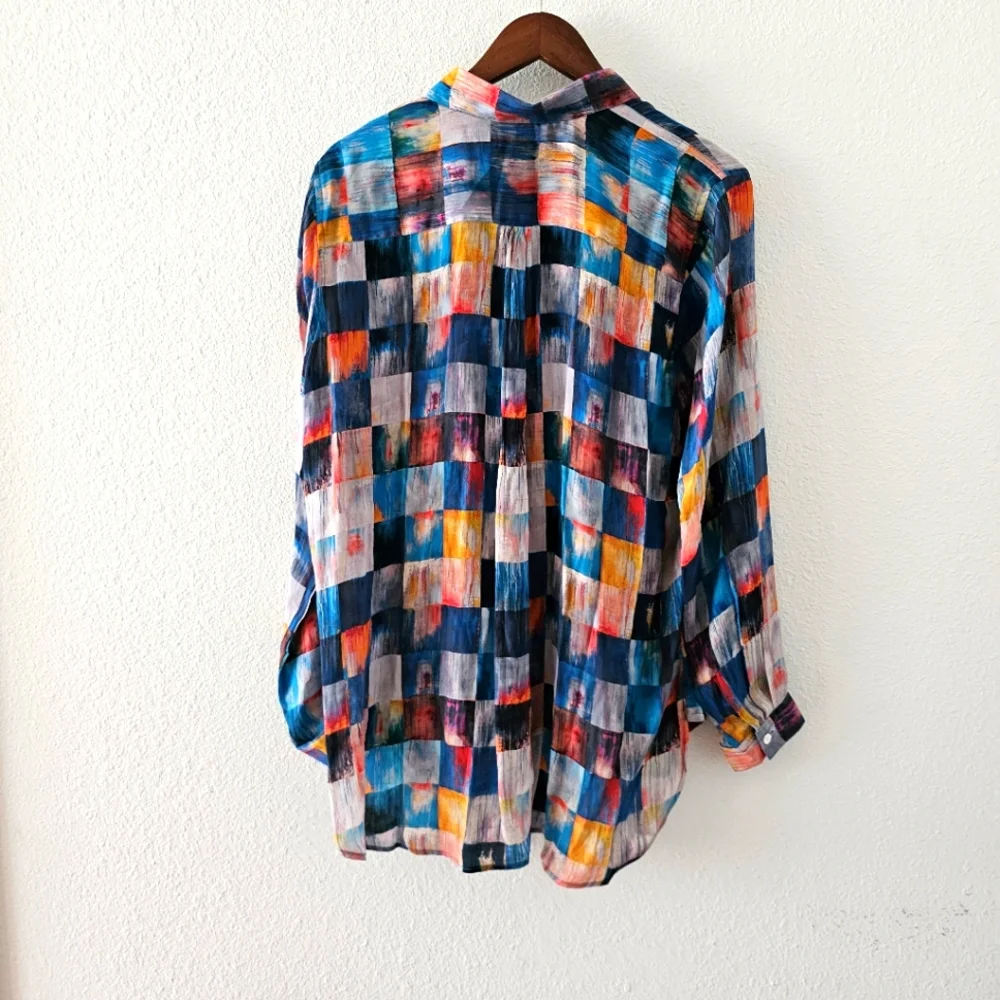 APNY tunic blouse size XL quarter button high low lightweight watercolor block - Picture 9 of 12